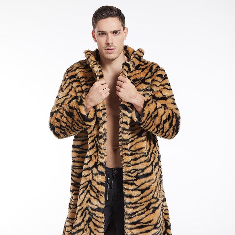 Autumn and Winter New Men's Faux Fur Coat Tiger Pattern Long Coat Fashion Trendy Men's European and American Large Sizes