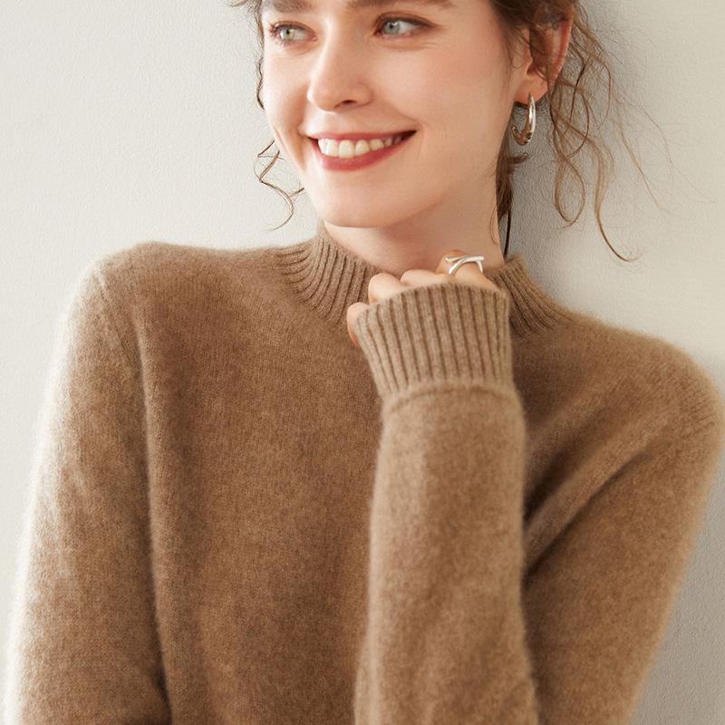 Women's Cashmere Half-High Collar Solid Color Pullover Sweater for Autumn/Winter - Loose, Thickened, Knit Base Layer