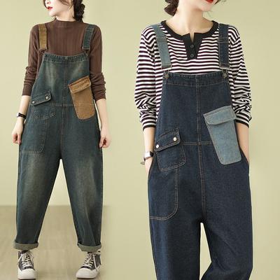 Модный уличный джинсовый комбинезон, женские винтажные свободные лоскутные цветные контрастные джинсы, комбинезоны с карманами, широкие брюки-карго мешковатые брюки