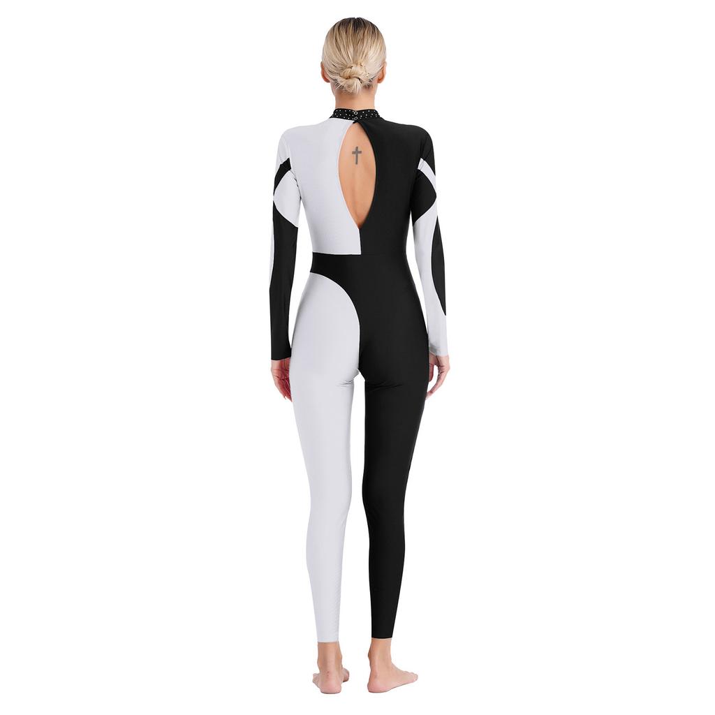 Женский гимнастический боди для фигурного катания, блестящие стразы, контрастная цветная лоскутная мозаика, комбинезон