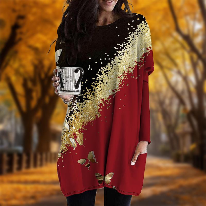 Новинка осени с красочным принтом бабочек и большими размерами платье для женщин с круглым вырезом и длинными рукавами повседневные платья с карманами