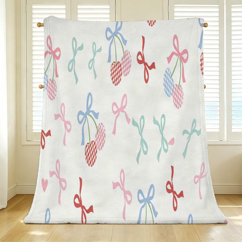 Lightweight Flannel Blanket, Soft Cozy Throw with Cherry & Bow Pattern | Ideal for Home Decor, Window Sill Accent, Halloween & Christmas