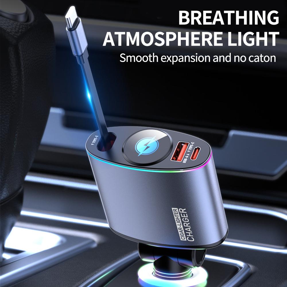Втягивающееся автомобильное зарядное устройство USB C 66 Вт Быстрая зарядка Прикуриватель для iPhone 16 15 Pro Samsung Разъем питания с подсветкой