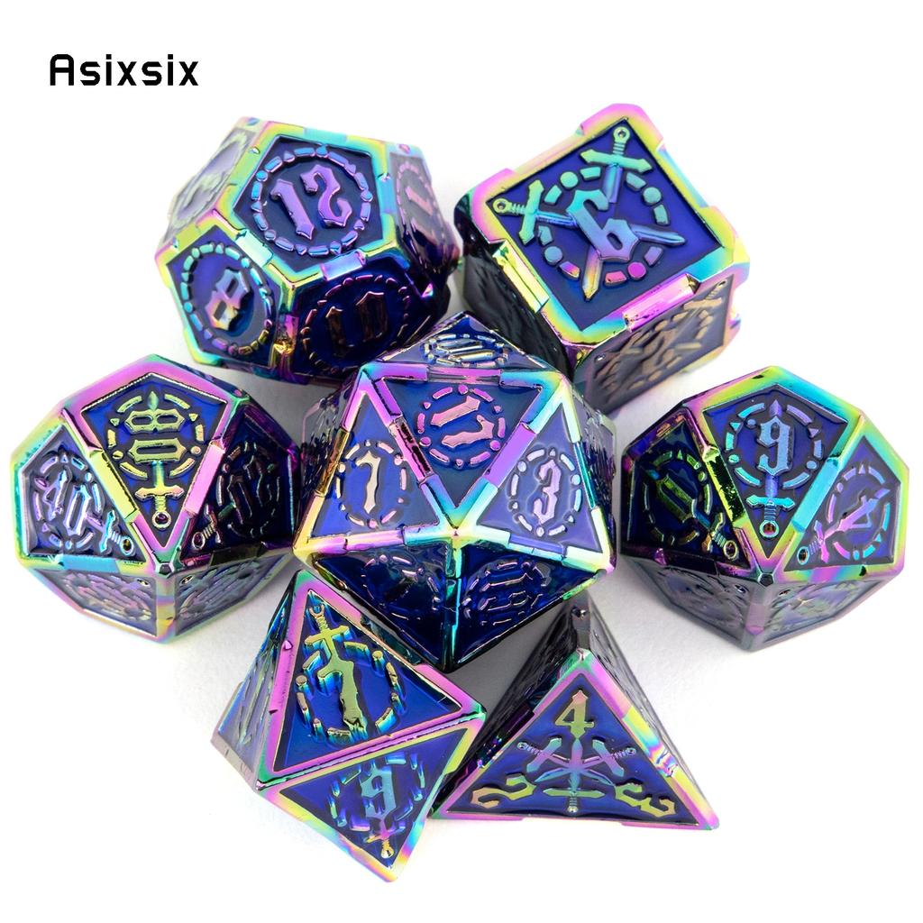 7 Pcs Blue Red Double Swords Metal Dice Solid Polyhedral Dice Set Suitable for Role-Playing RPG DND Pathfinder Board Game