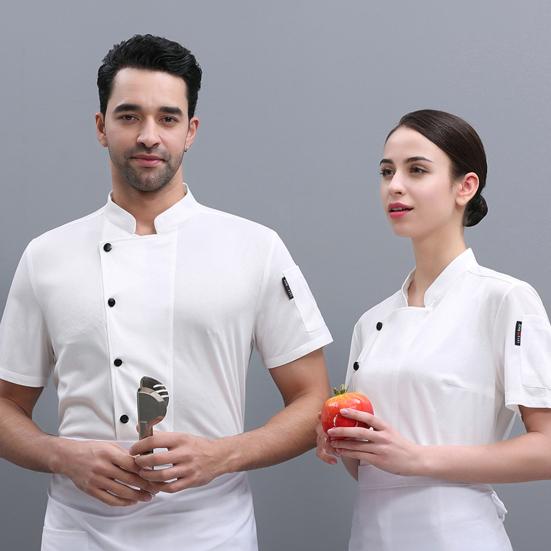 Unisex Chef Shirt Kitchen Single-breasted Short Sleeve Stand Collar Stain-resistant Loose Kitchen Bakery Restaurant Canteen Waiter Top Cook Uniform