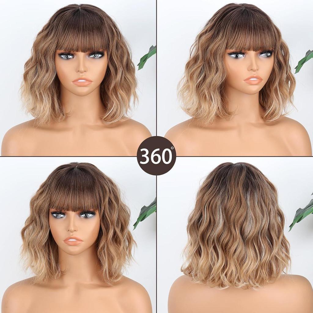 Short Wave Bob Wigs for Women with Bangs Medium Lenth Synthetic Natural Hair Wig for Daily Party Use