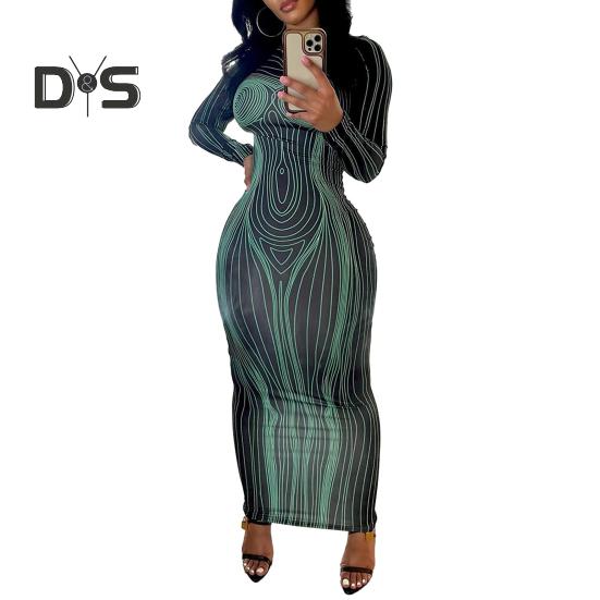 Женское платье макси, облегающее, облегающее, с длинным рукавом, эластичное, с круглым вырезом, в полоску, с принтом, мягкое, тонкое, до щиколотки, женское, весенне-осеннее, вечернее платье