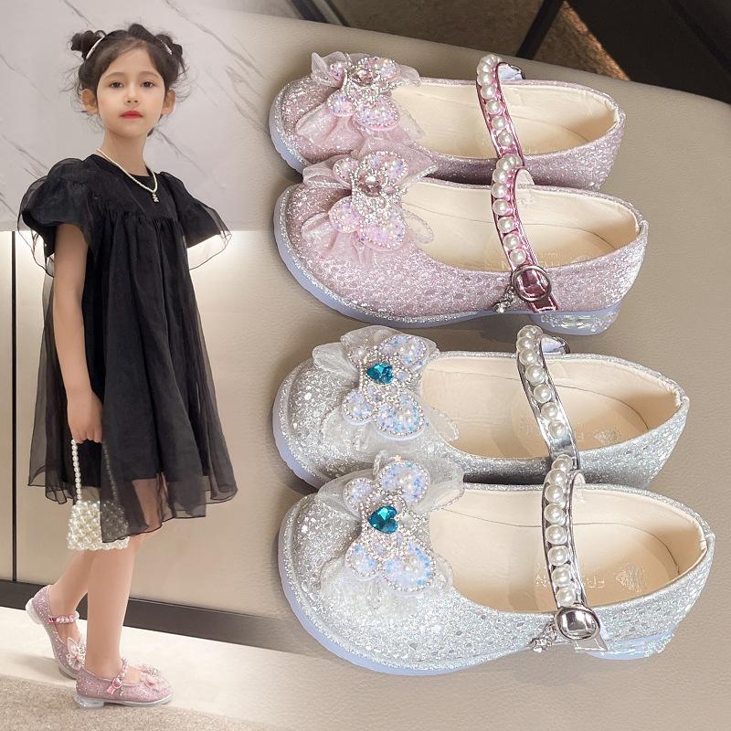 Туфли принцессы для девочек с бантом, детские туфли на высоком каблуке с кристаллами, модная детская блестящая обувь для выступлений, высокое качество 2024 г.