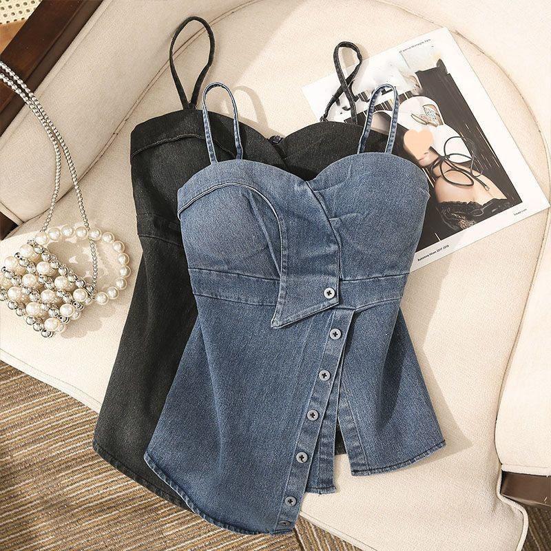Summer Spice Girl Style Denim Sling Vest Women Irregular Sexy Slim Fit Versatile Top Y2k Aesthetic Bodycon Tanks