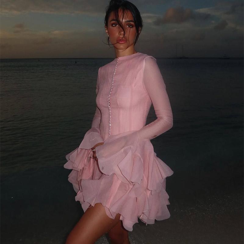 Elegant Ruffles Single Breasted Ruffles Mini Dress Women Flared Sleeve High Waist O-neck Dresses 2025 Lady Party Gowns New