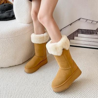 Модные зимние полувысокие массивные женские сноубутсы с круглым носком и плюшевой подкладкой, женская обувь 2025 новинка, удобные и элегантные, модные шикарные ботинки