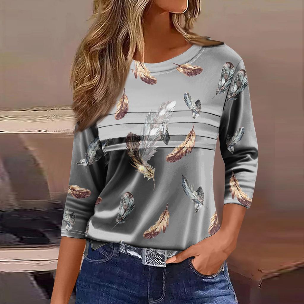 Футболки для женщин, плиссированные, с круглым вырезом, нарядные, повседневные, блузки с принтом, рукав 3/4, летние топы, свободный крой