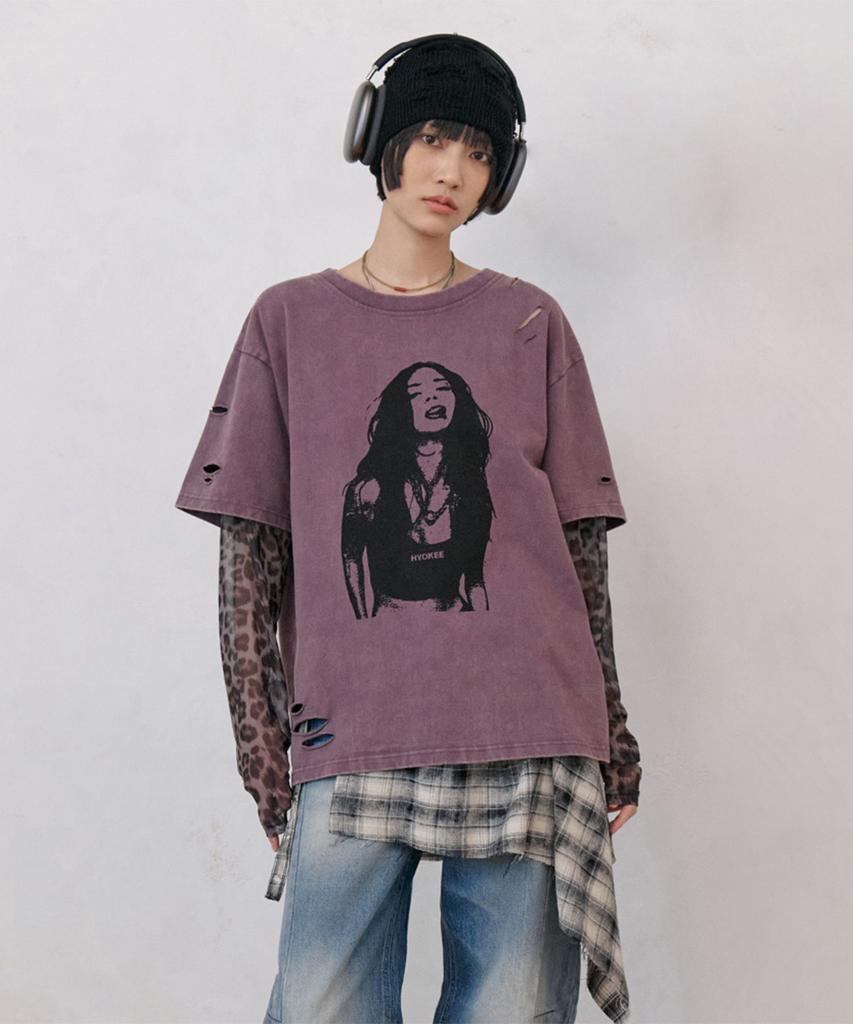 NO EXTRA TOUCH Distressed Leopard Mesh Long Sleeve Layered T-Shirt (Purple) / 26Spts001Pu