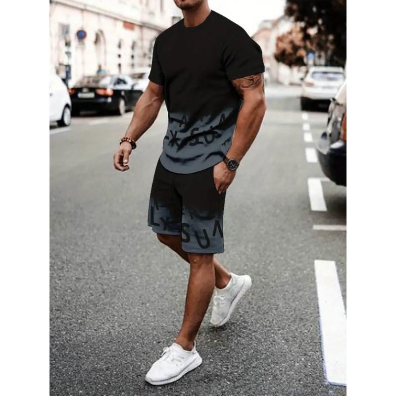 2025 Urban Street Trend Men's Suit Summer Casual Short Sleeve Shorts 2 Pieces Unique Geometric Print Outdoor Casual