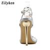 Eilyken Сексуальные туфли-стилеты на высоком каблуке Женские сандалии Модные ПВХ Прозрачные Хрустальные Стразы Вечеринка Свадьба Обувь для стриптиза