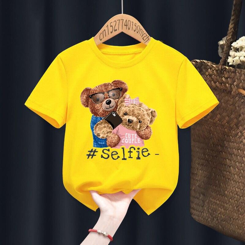 Fashion Funny Bear Printed Kid Short Round Neck T-shirts Children Baby Kawaii Clothes Boy Girl Tops Gift Present Short T-shirts