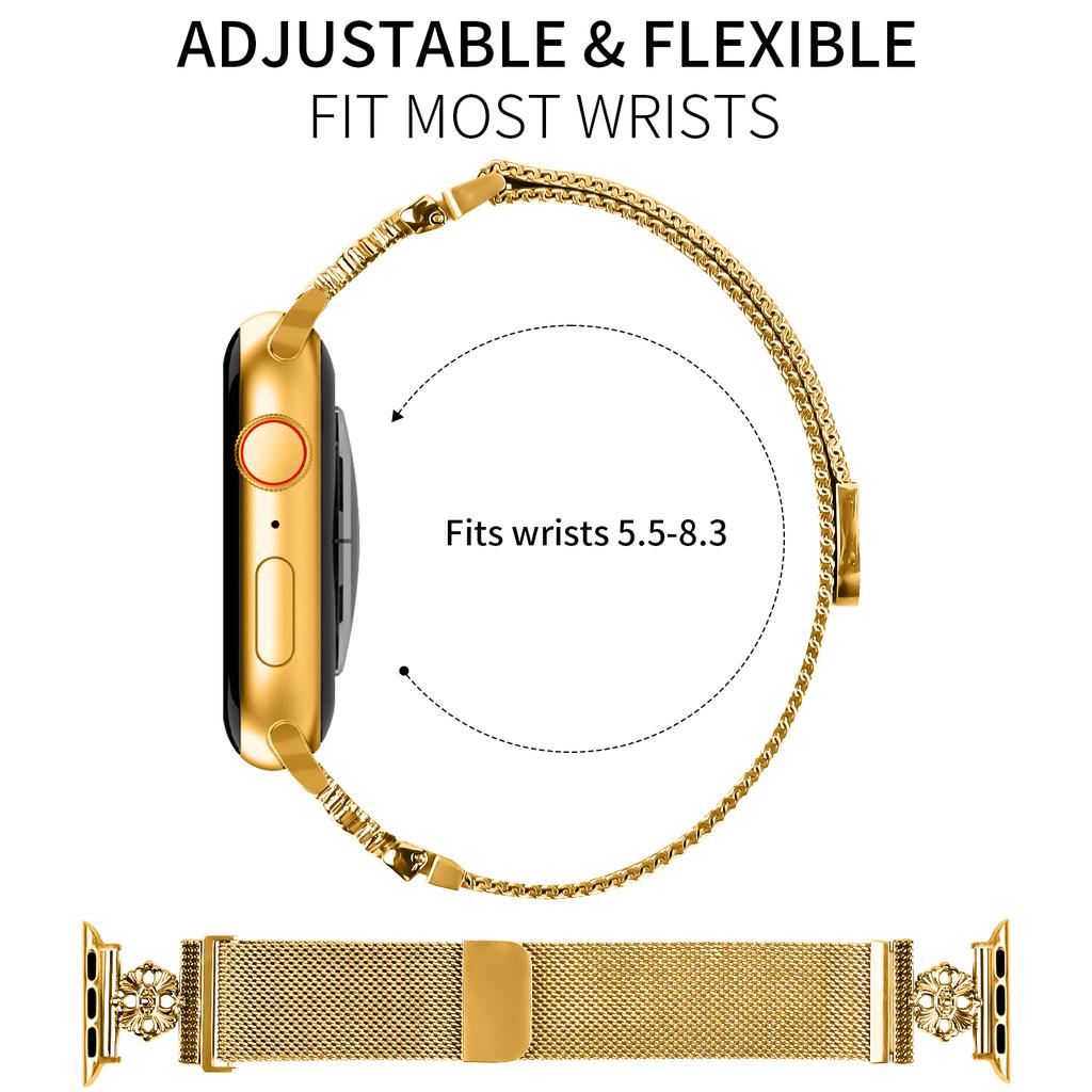 For Apple Watch Series 10 42mm/9 8 7 41mm/SE (2023) SE (2022) SE 6 5 4 40mm/3 2 1 38mm Band Flower Stainless Steel Watch Strap