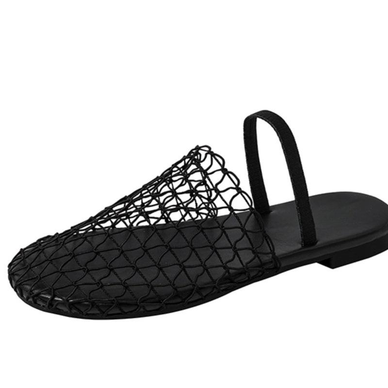 Нишевый дизайн полый плетеный рыболовный сетчатый верх плоская подошва сандалии на одной перемычке женские сандалии носить полушлепанцы женские