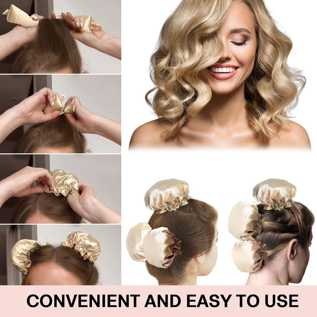 3Sets/6PCS Ariuvor Satin Heatless Hair Rollers for Overnight Curls, Soft Headband Rods with Hair Caps for All Hair Types (3-golden)