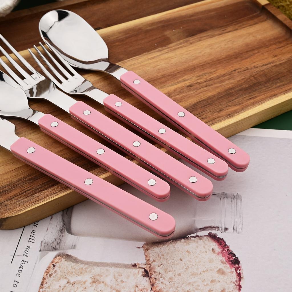 20 PCS Stainless Steel Flatware Set Service for 4, Retro Style Tableware Forks Spoons Knives Eating Utensils, Acrylic Handle with Rivets Design