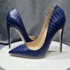 Sexy Women's Dark Blue Snake Skin Embossed Super High Heel Party Shoes Italian Style Navy Fashion Women's Stiletto Shoes Size 44