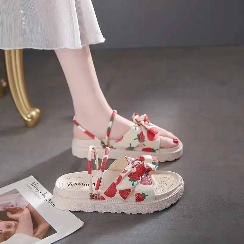 Мода 2024 года. Новые женские повседневные тапочки с принтом ананаса и клубники. Летние пляжные сандалии на толстой платформе с открытым носком и бабочкой