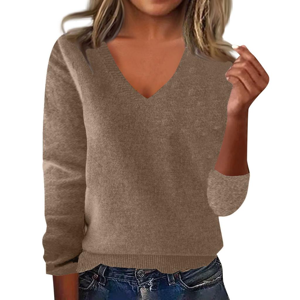 Women's Fashion Loose V-Neck Long Sleeve Bottom Shirt Top Knitted Sweater