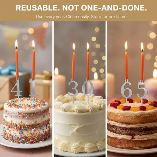 Набор держателей для свечей-цифр Многоразовый Серебряный Цифровой держатель для свечей на торт 0-9 Нумерованный топпер для торта Украшение для дня рождения, юбилеев