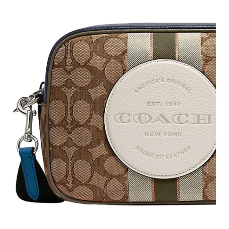 Coach Dempsey 21 Monogram Stripe Canvas And Leather Crossbody Camera Bag Women bags White Brown 1912-SVR1V