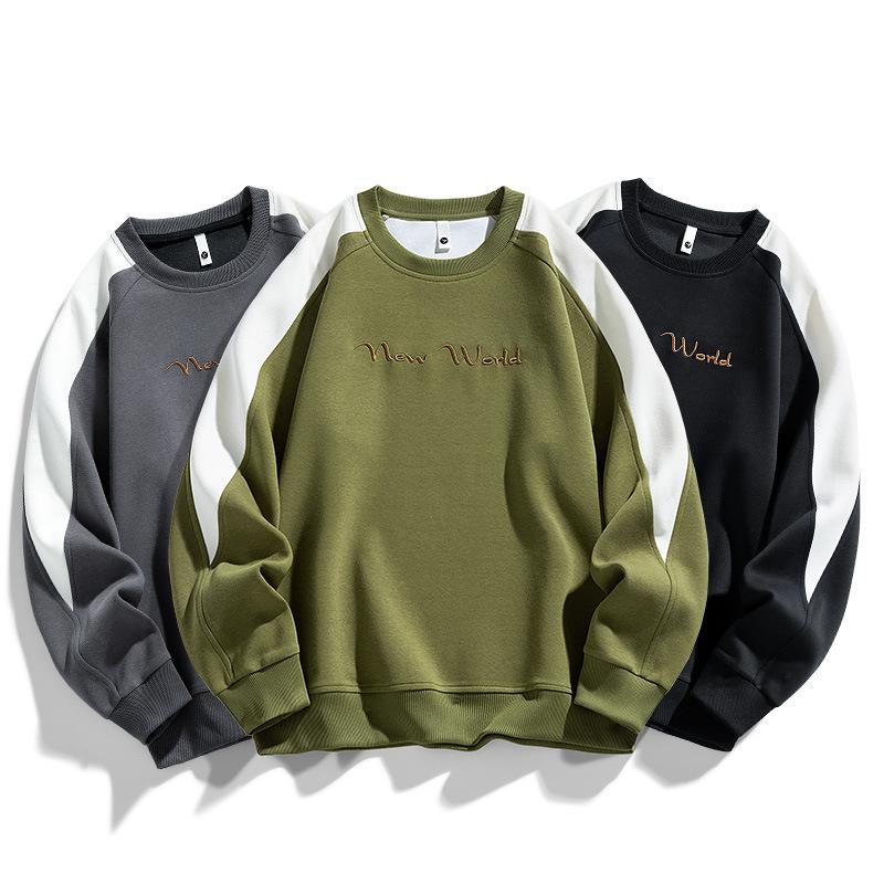 Весна и осень, большой мужской свободный круглый вырез, вышитая толстовка, модный мужской большой размер, цветная толстовка с блоками