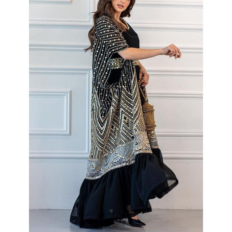 Spring and Summer Women's Dress Printed Fashion Urban Casual Bat Sleeve Drawstring Vest Dress Printed with Belt