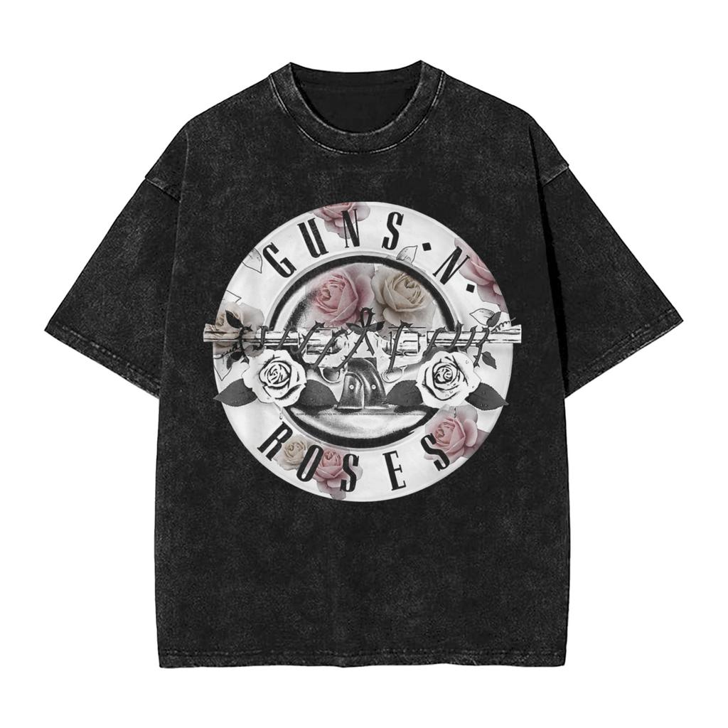 Guns N Roses Floral Bullet T Shirts Hip Hop Washed Short Sleeve Oversize T-Shirts Vintage Men Women Tops Streetwear Summer Tees
