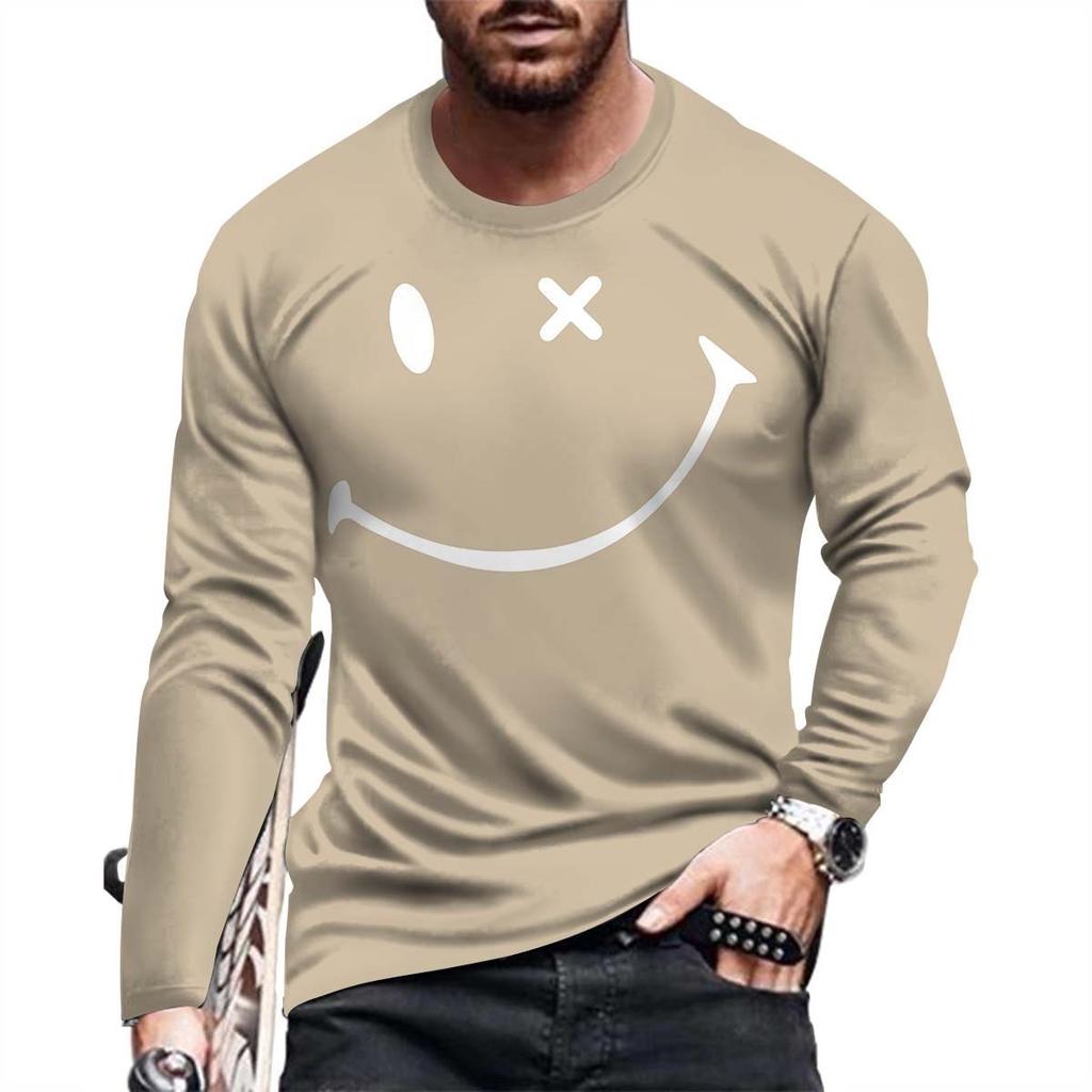 Футболка с длинным рукавом с 3D-принтом и рисунком смайлика для мужчин, простая мода, с объемным круглым вырезом и длинным рукавом