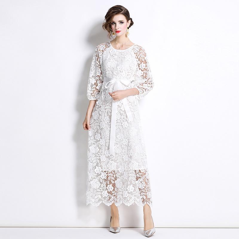 Spring Autumn Women Elegant Embroidery Lace Crochet Flower Oversized Lace-up Ankle Length Party Dresses