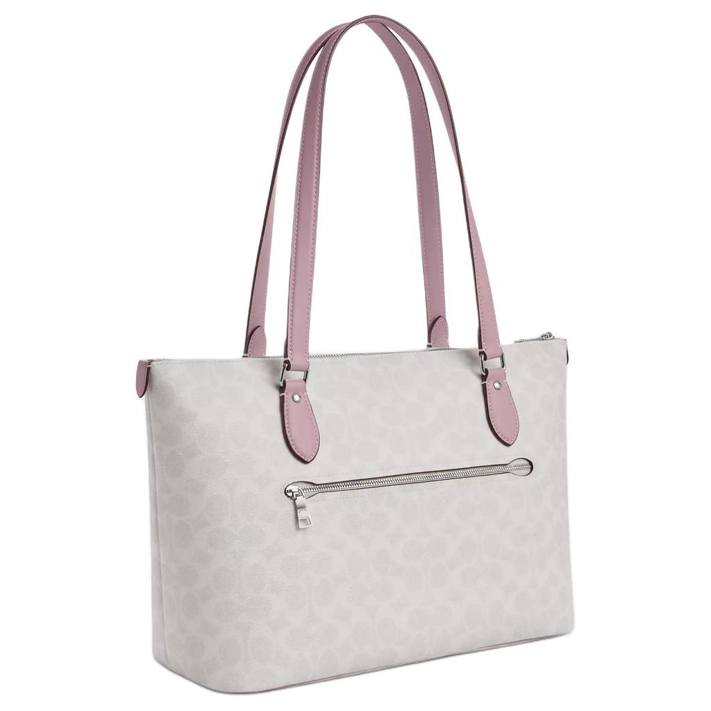 Coach Большая сумка-тоут на молнии из белогоSignature Canvas с отделкой из розовой кожи для повседневного использования