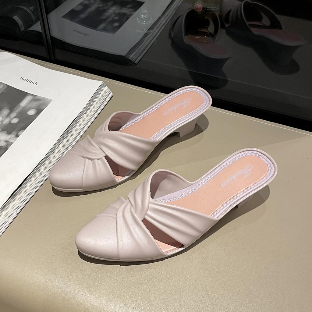 Женские новые летние модные однотонные туфли из ПВХ с острым носком и толстым каблуком, женские сандалии на низком каблуке