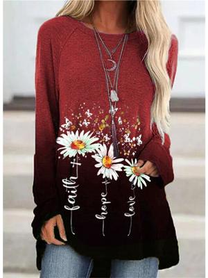 Женская футболка больших размеров с цветочным принтом, удобная, с длинным рукавом и круглым вырезом, повседневная, свободного кроя, средней длины