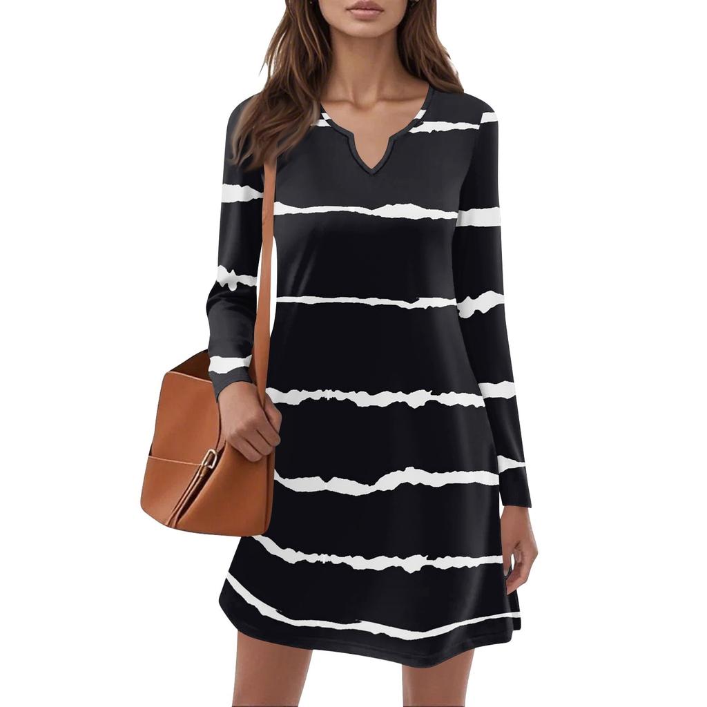 Women's Long-sleeved Casual Midi Dresses V-Neck Print Casual Dress