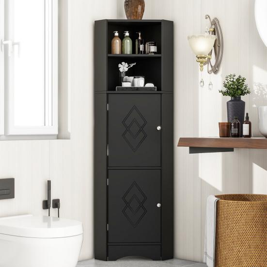 Corner Cabinet Bathroom with Two Compartments Adjustable Shelf Open Shelves Tall Triangular Shape Freestanding Storage