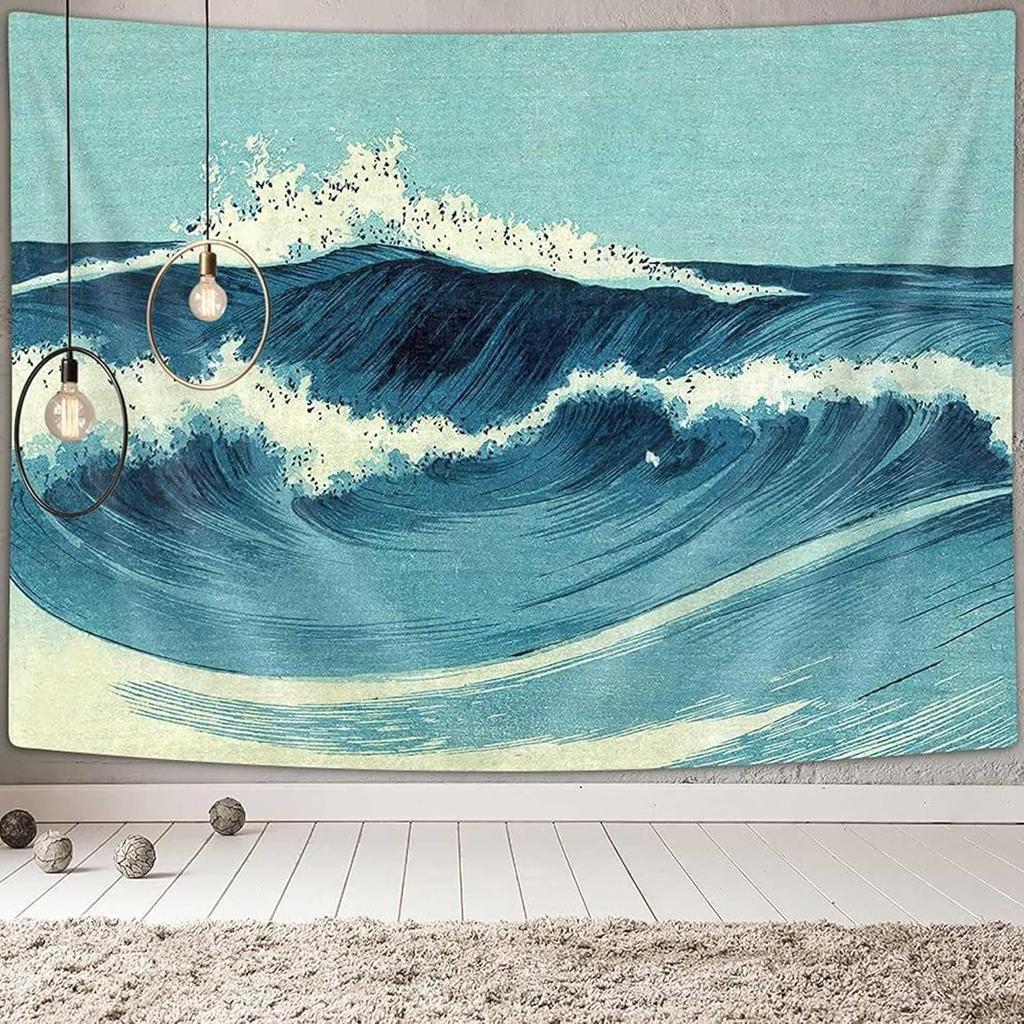 Ydbkt Retro Ocean Tapestry Wall Hanging, Blue Abstract Wave Wall Art, 40L" x 60W", Bedroom Decor