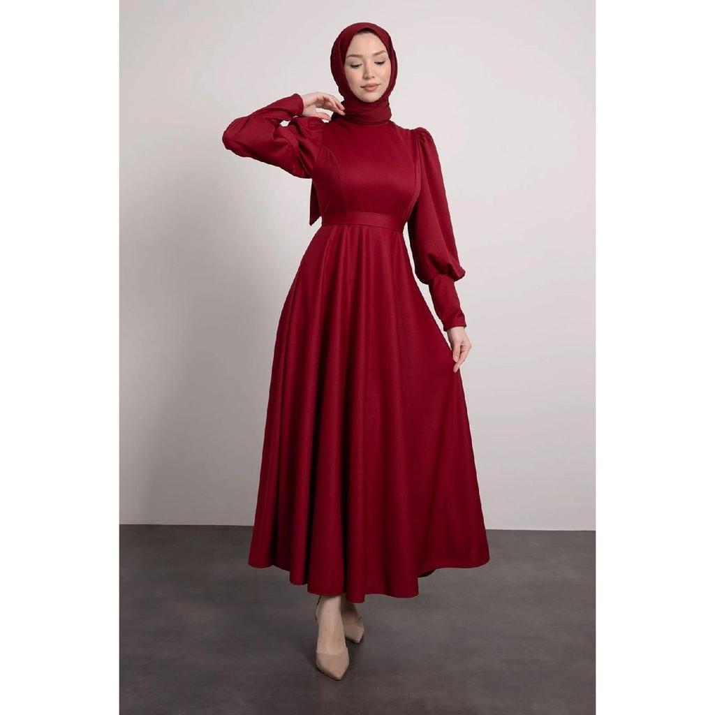 Balloon Sleeve Pleated Skirt Detailed Hijab Dress