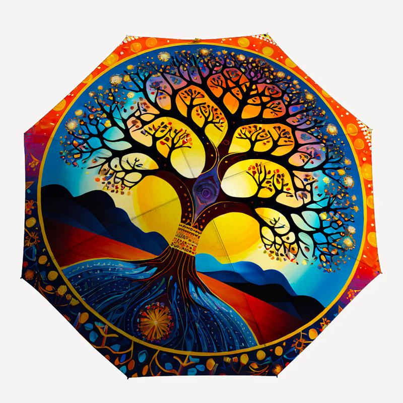 Tree of Life Mandala Wall Art: Colorful Circular Decor for Home or Office Umbrella, Cute Umbrella with Cute Design, Portable 3-Fold Compact Umbrella f