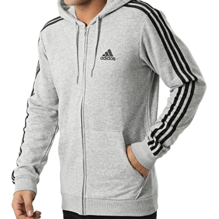 adidas Мужская толстовка с капюшоном Essentials из флиса с тремя полосками и молнией, серая GK9034