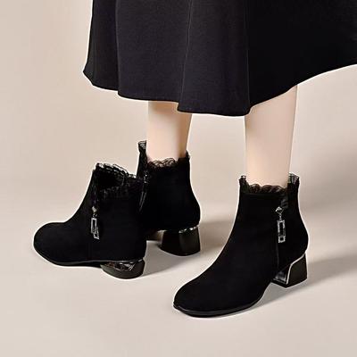 Женские короткие ботинки осень и зима новые простые темпераментные две высокие модные ботинки металлическая пряжка шнуровка черные женские кожаные ботинки