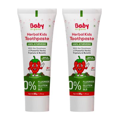 BabyOrgano® Травяная зубная паста для детей l 100% Аюрведическая l Не гелевая формула l польза Бабула и Солодки l Клубничный вкус - 50 г (Упаковка из 2 шт.)