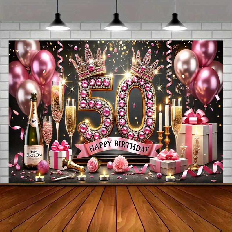 An elegant 50th birthday party banner - polyester background, with gold and pink decorations, champagne, gifts and balloons