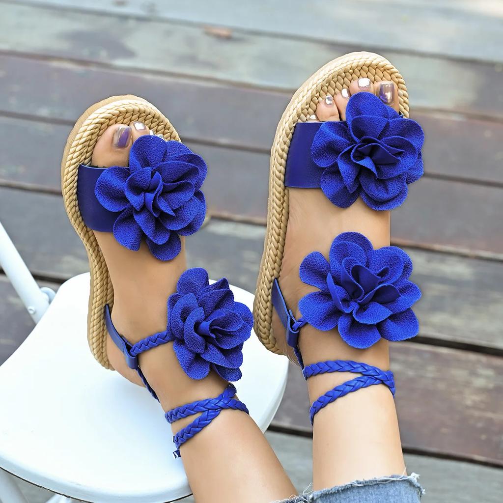 Fashion New 2025 Large-sized Ankle Lace-up Flower-shaped Sandals for Women, Fashionable Woven Strap Beach Flip-flops for Women Shoes