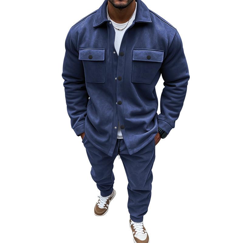 Европейский и американский стиль, мужской комплект из двух предметов: куртка и повседневные брюки, однотонный спортивный костюм с воротником-стойкой и карманами, осень-зима