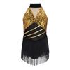 Kids Girls Cha-cha Salsa Latin Dance Costume Shiny Sequins Halter Sleeveless Mesh Waist Keyhole Metallic Back Tassels Leotard Dancewear