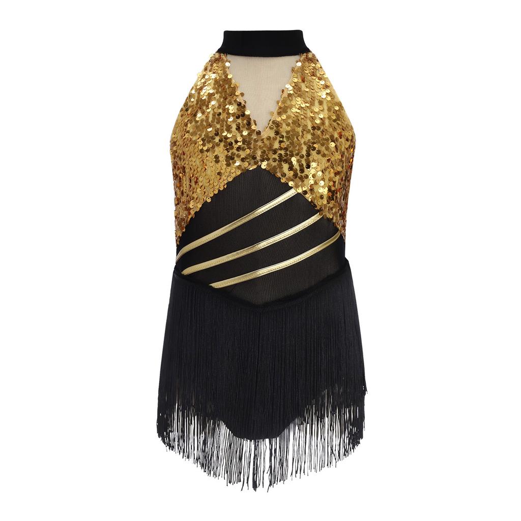 Kids Girls Cha-cha Salsa Latin Dance Costume Shiny Sequins Halter Sleeveless Mesh Waist Keyhole Metallic Back Tassels Leotard Dancewear